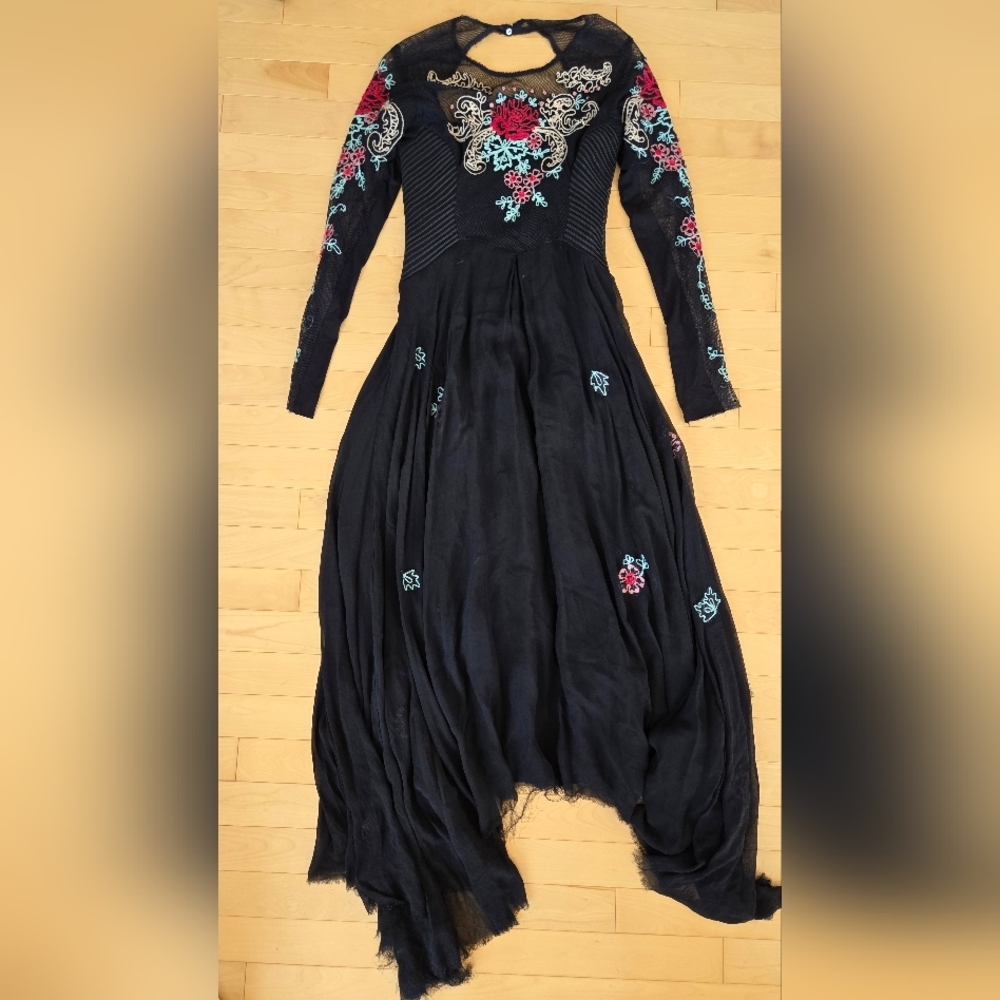 Free People Long Sleeve Floral Embellished Gown Dress Size Small